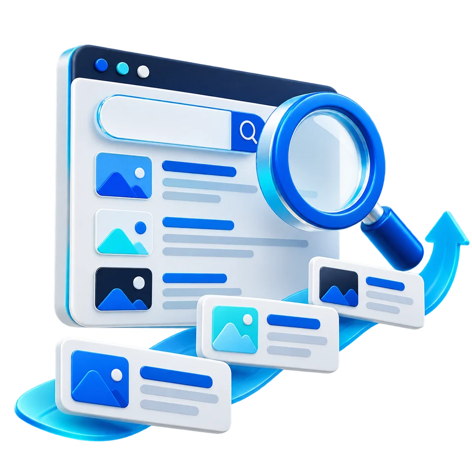Blue and white illustration of search, content, and a pathway to digital growth.