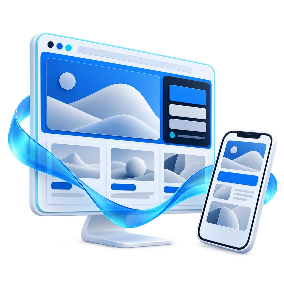 Blue and white illustration of a website and mobile screen connected by a flowing wave.