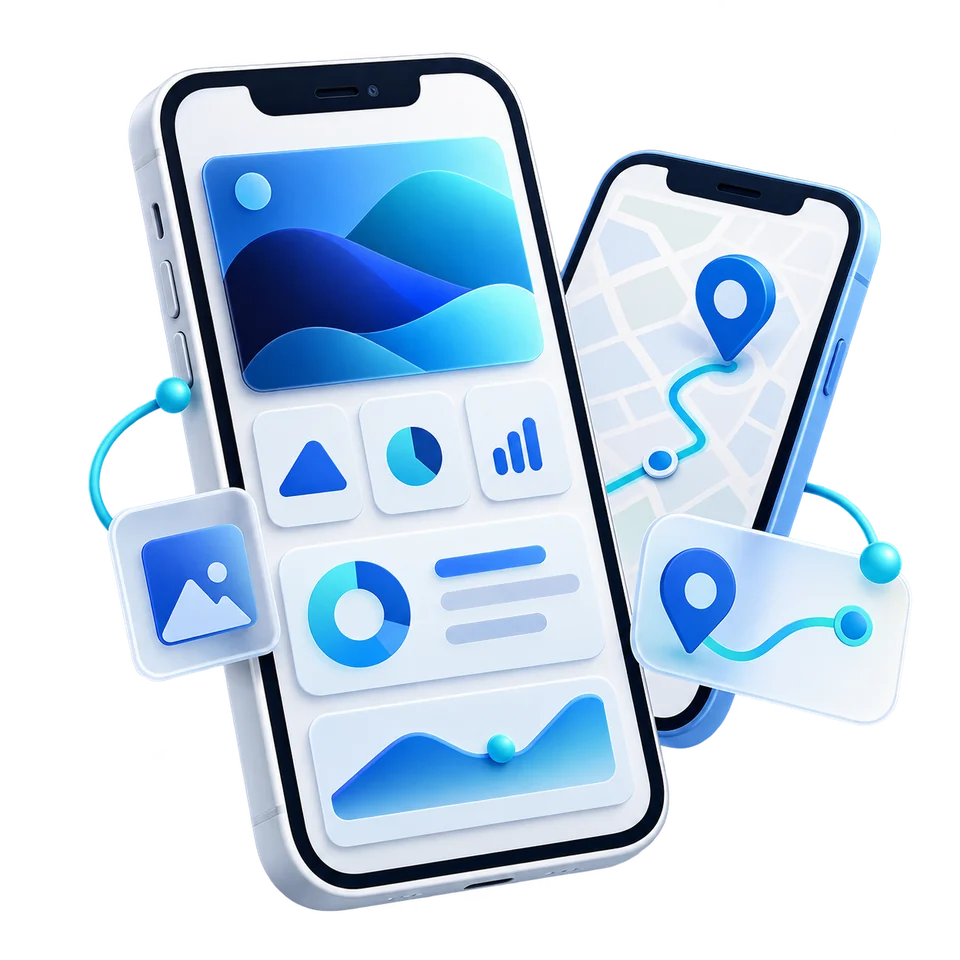 Blue and white illustration of mobile app screens and connected interface components.